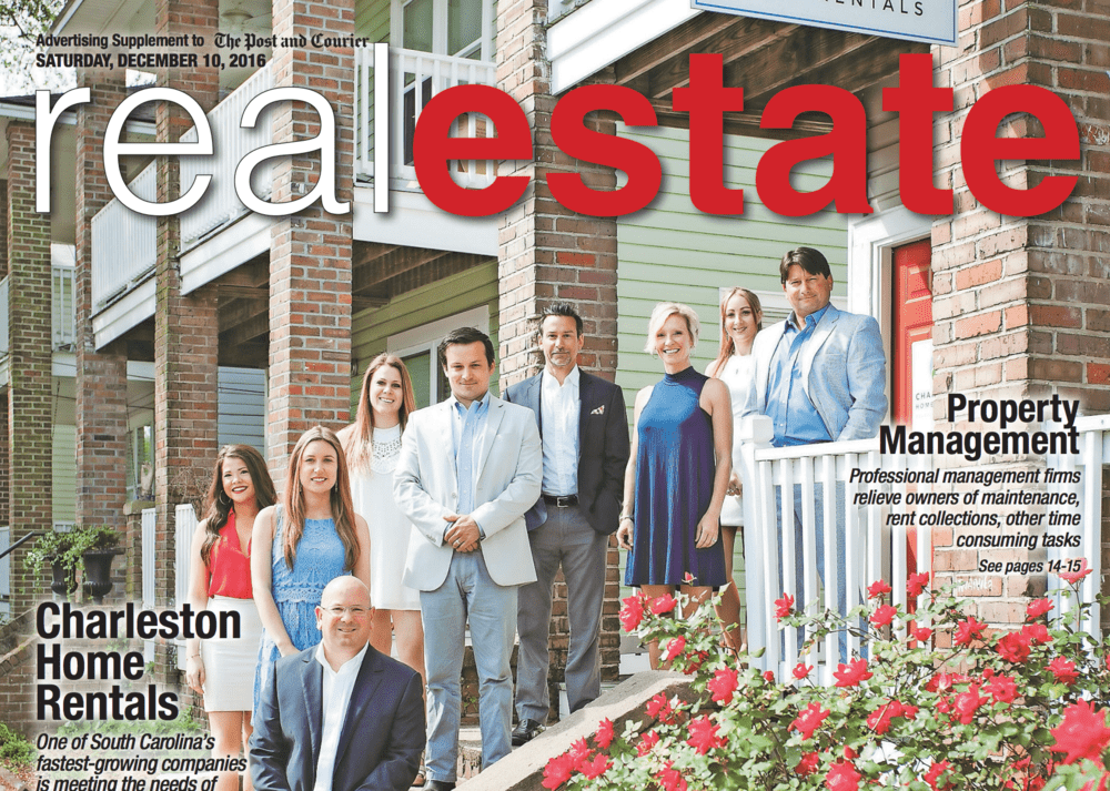 Photo of Charleston Home Rentals LLC team on cover page of real estate magazine