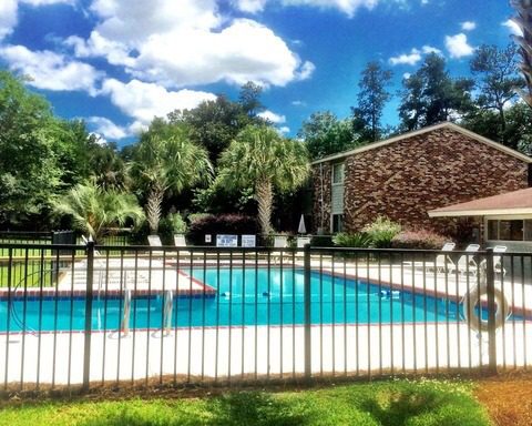 An image of house with swimming pool and lot of palm trees at Andrea Lane Hanahan, SC 29410