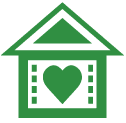 A green emoji of house with heart in it