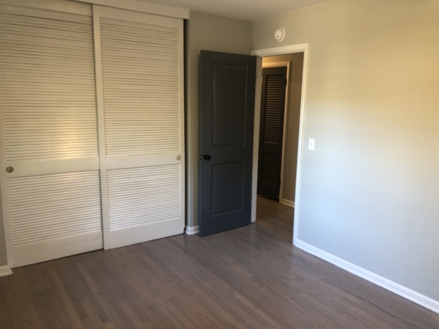 An image showing empty room with a brown door and a closet next to it